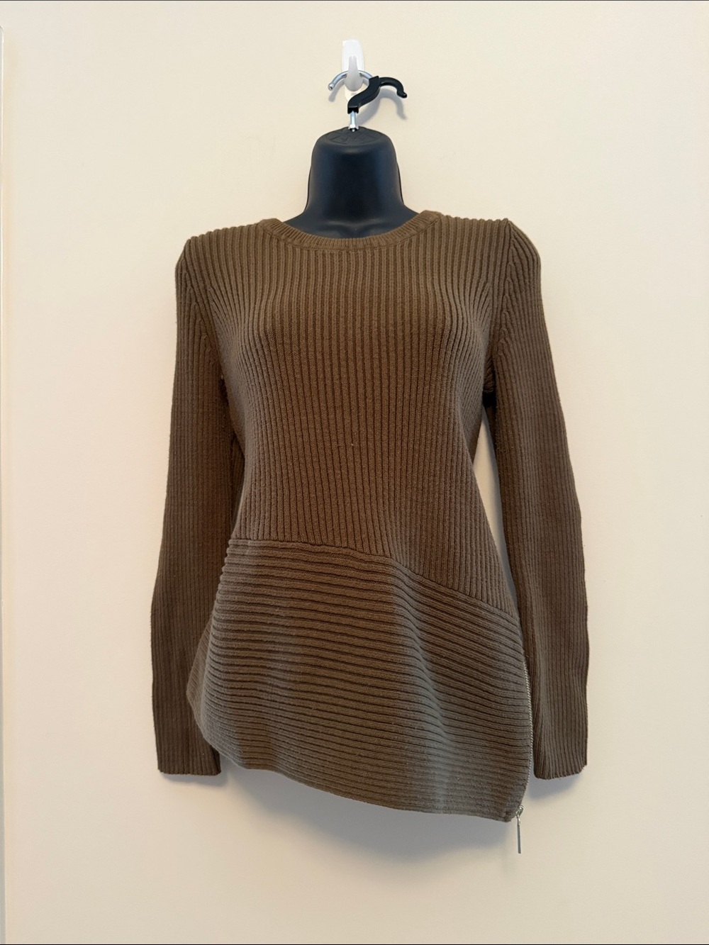 Michael Kors-  Olive Asymmetrical Ribbed Crewneck Sweater